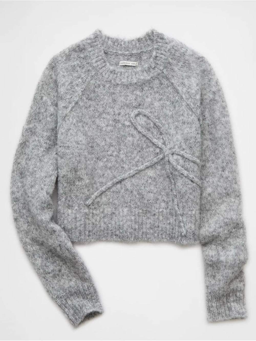 American Eagle Gray Cropped Bow-Detail Crewneck Sweater
